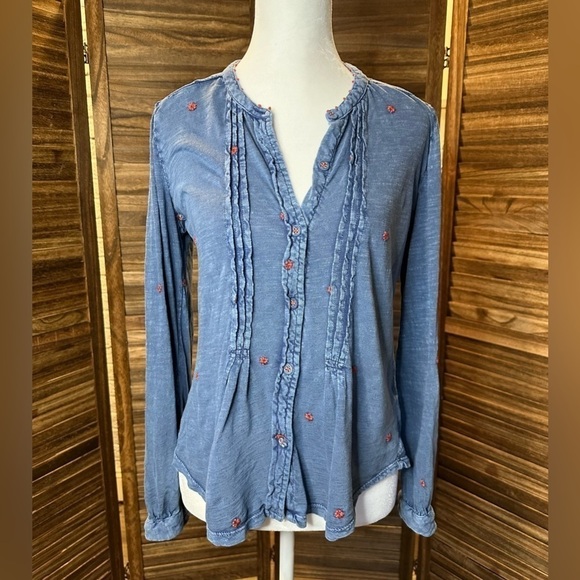 Lucky Brand Tops - Lucky Brand "Washed Denim Look w/ Embroidered Red Flowers" Blouse